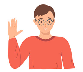 Young guy with glasses waves his hand, showing friendliness. Illustration of student or teenager isolated on a white background