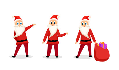 Cute Santa Claus with a gift, a bag of gifts and waving. Vector Christmas set in cartoon style
