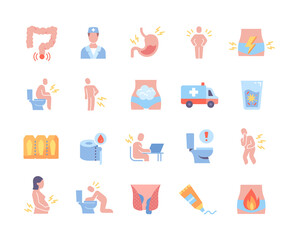 Colorful collection of medical icons. Various stickers with vomiting, abdominal pain, medications for constipation and diarrhea, hemorrhoids. Cartoon flat vector set isolated on white background