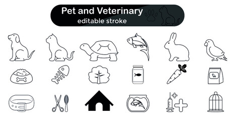 Pet and Veterinary Thin Line Icons Set. pets - food - veterinary - Collection of outline symbols on a white background. Editable vector stroke