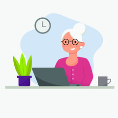 Grandmother at the computer. Vector illustration.