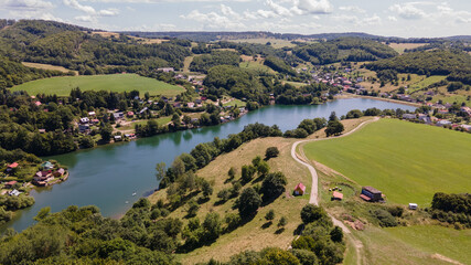 Aerial view of a lake in the village of Bansky Studenec in Slovakia