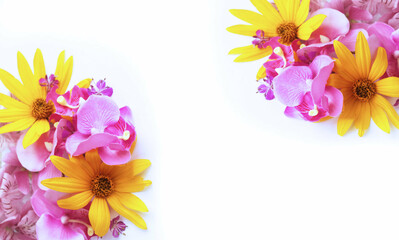 Pink and yellow flowers in a summer bouquet on a white background. Background for a greeting card.