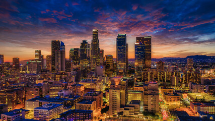 Los Angeles city skyline at sunset - obrazy, fototapety, plakaty