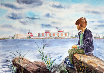 A boy sitting on a stone looks forward at a nuclear power plant. Symbolizes hope for the future of energy.