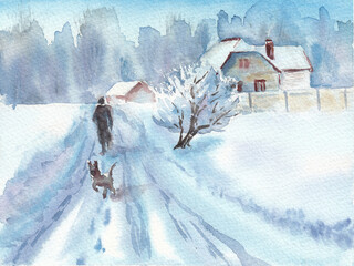Winter rural landscape. Snow road and silhouette man and dog on it