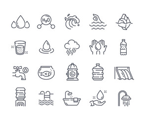 Simple water icons. Collection of minimalistic stickers with shower, bottle, aquarium and cooler. Design elements for websites and applications. Cartoon flat vector set isolated on white background