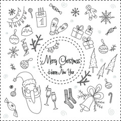 Funny black and white christmas and new year doodle elements set