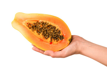 Papaya fruit isolated on a white background in woman hands. Half papaya.