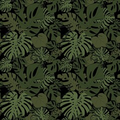 Monstera leaves seamless pattern on a black background