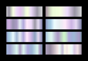 Holographic, silver foil texture background. Vector graphic iridescent neon patterns set . Silver hologram metalic gradient  vector pattern. set  