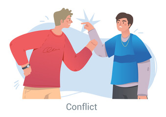 Angry men arguing and conflicting. Characters scream, swear and quarrel. Friends can not find compromise and spoil relationship. Cartoon modern flat vector illustration isolated on white background