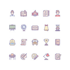 Set of education icons in filled outline style.
