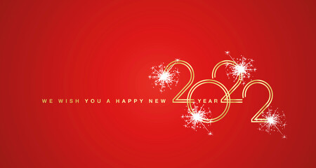 New Year's Eve. We wish You a Happy New Year 2022 gold double line design numbers with white sparkle firework red background