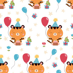 Obraz na płótnie Canvas Seamless pattern with cute cartoon tiger with birthday cake, presents, flower and balloons. Cartoon kawaii characters. Vector illustration.