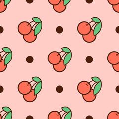 A seamless pattern of cherries with leaves and dots on a pink background, arranged in a staggered order. Print for textiles, postcards, etc.