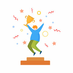 Winner team with business trophy. Happy employees winning on training and coaching competition. Vector flat style cartoon illustration isolated on white background.