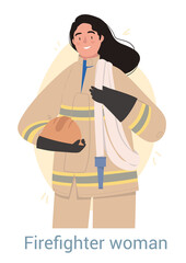 Firefighter woman concept. Female character in protective suit holds helmet and water hose. Extinguishing fire and flame. Saving lives. Cartoon flat vector illustration isolated on white background