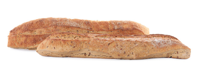 Tasty buckwheat baguettes on white background. Fresh bread