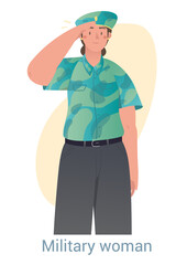 Female soldier in military uniforms. Serious woman salutes senior officer. Character serves in army of his country. Gender equality. Cartoon flat vector illustration isolated on white background