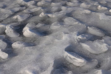 Melting snow in spring and traces close up