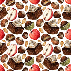 Watercolor illustration, composition with brownies, apples, different nuts, hazelnuts, chestnuts, almonds. Handmade. Background light, seamless pattern