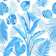 Fototapeta na wymiar Tropical vector seamless pattern with blue leaves of palm tree and flowers