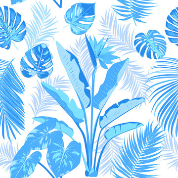 Tropical vector seamless pattern with blue leaves of palm tree and flowers