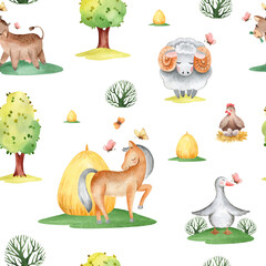 watercolor seamless pattern brown rocking horse on a field with yellow haystacks and green trees