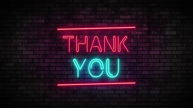 Thank You Neon Light on Brick Wall. Night Club Bar Blinking Neon Sign. Motion Animation. Video available in 4K FullHD and HD render footage