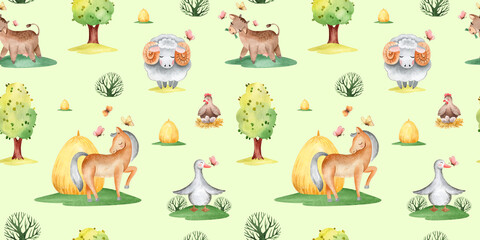 watercolor seamless pattern brown rocking horse on a field with yellow haystacks and green trees © Elena