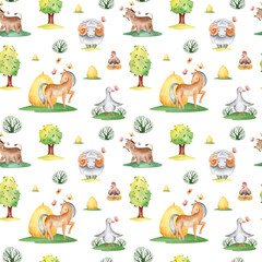 watercolor seamless pattern brown rocking horse on a field with yellow haystacks and green trees