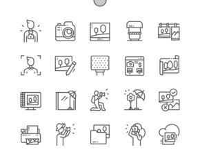 Fototapeta na wymiar Photographer. Profession and hobby. Photo editing. Camera and equipment. Pixel Perfect Vector Thin Line Icons. Simple Minimal Pictogram
