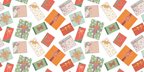 Fototapeta na wymiar Seamless pattern. Cute hand drawn colored isolated gift boxes top view in doodle style. Christmas gift box or for birthday and party and anniversaries or for the new year. Vector backdrop