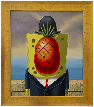 O Filho do Homem com o Sponge Bob. par&oacute;dia ao c&eacute;lebre quadro de Ren&eacute; Magritte