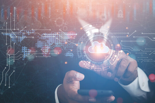 Business man targets innovations in the automated cloud storage industry. technology information optimization concept