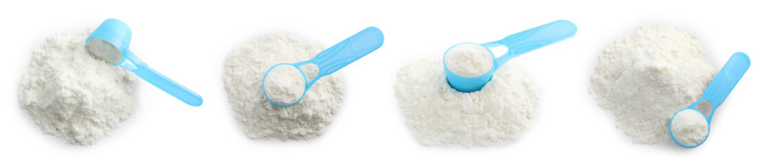 Set with powdered infant formula and scoops on white background, banner design. Baby milk