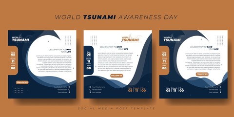 Set of social media post template with tsunami waves background design. World Tsunami Awareness Day template design. - obrazy, fototapety, plakaty