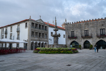 Viana do Castelo city center with antique buildings Praca da republica plaza and church, in Portugal