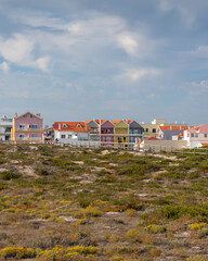Costa Nova traditional color stripes houses near the beach in Aveiro, Portugal