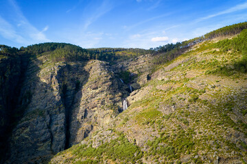 Fisgas de ermelo waterfall drone aerial view in Mondim de Basto