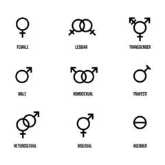 Set of gender sign. Sexual orientation icons. Diversity of genders in graphic linear signs in a flat style. Vector illustration.
