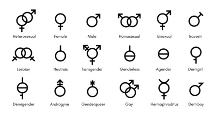 Set of gender vector icons. Sexual orientation signs. Diversity of genders in graphic linear signs in a flat style.