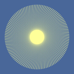 Abstract yellow Sun symbol over blue background. Rotating lines in circle form as logo or icon.