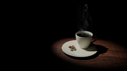 A coffee cup and coffee beans on a white porcelain saucer that is laying on a wooden table (3D Rendering)