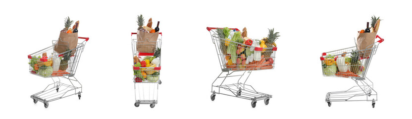 Set with shopping carts full of groceries on white background. Banner design © New Africa