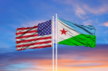 Two waving state flags of United States and Djibouti on the blue sky. High - quality business background.