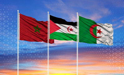 The flag of Morocco, Algeria and the Polisario. Moroccan Sahara conflict.