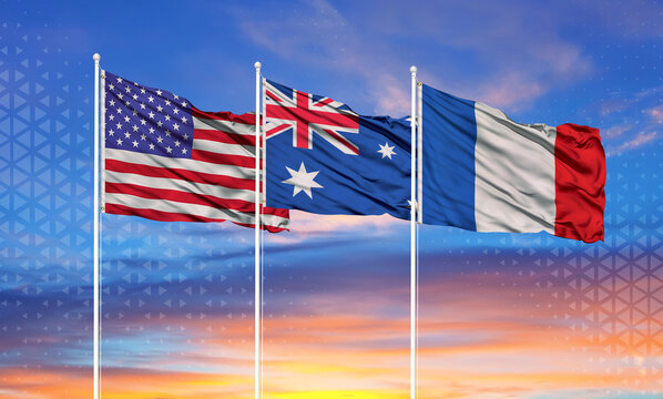 The flag of America, France and Australia. French submarine purchase dispute