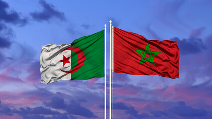Algeria and Morocco two flags on flagpoles and blue sky